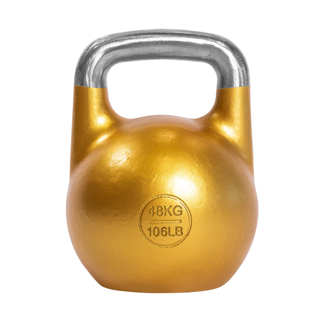 The Bells of Steel Competition Kettlebell features a gold body, silver handle, and "48KG/106LB" black markings on the front, with an ergonomic design perfect for kettlebell sport.