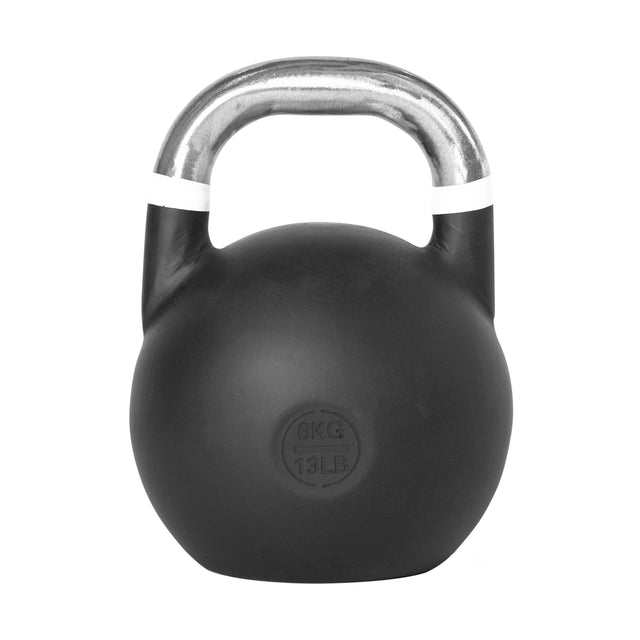 A Bells of Steel Competition Kettlebell, black with an ergonomic shape and shiny silver handle, features "6 KG" and "13 LB" labels on the front and is shown against a plain white background.
