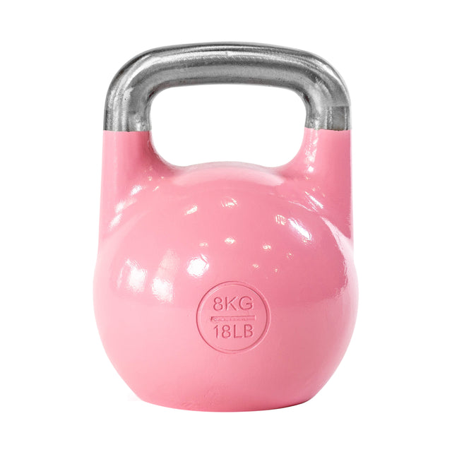 The Bells of Steel Competition Kettlebell features a pink body, metallic silver handle, ergonomic design, and clear front labels displaying its weight: 8 KG and 18 LB.