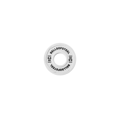 A white circular Bells of Steel Urethane-Coated Change Plate, labeled "0.5 KG" in black text, is shown isolated on a plain white background.