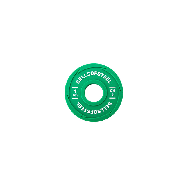A green 1 kg Bells of Steel Urethane-Coated Change Plate, featuring the brand name in white around the center, designed for durability and ideal for training collections, is displayed on a plain white background.