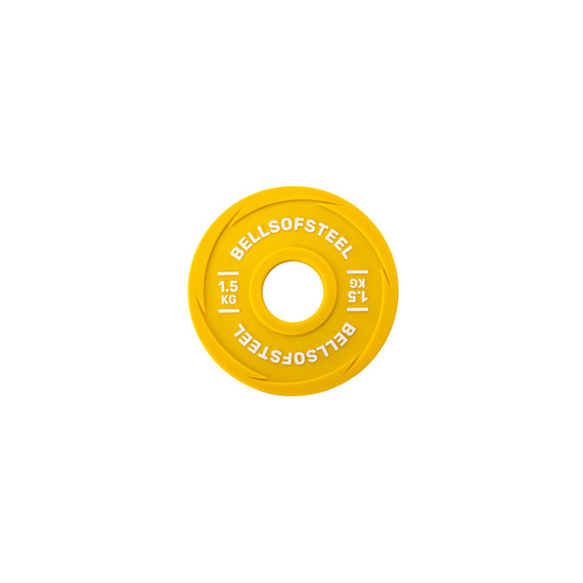 A yellow Bells of Steel Urethane-Coated Change Plate, marked "1.5 KG," is centered on a white background.
