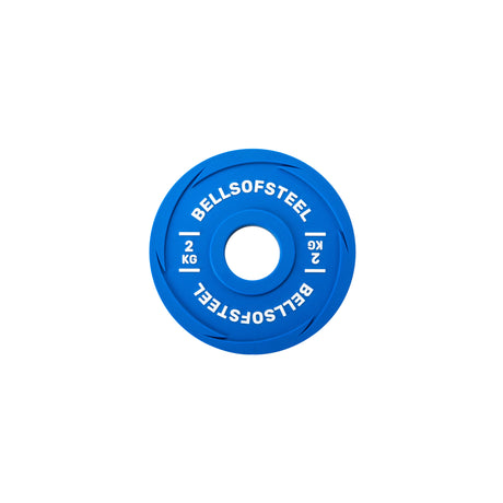 A blue Bells of Steel Urethane-Coated Change Plate with "2 KG" marked in white is displayed on a white background.