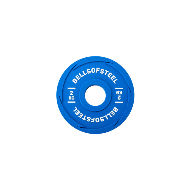 A blue Bells of Steel Urethane-Coated Change Plate with "2 KG" marked in white is displayed on a white background.
