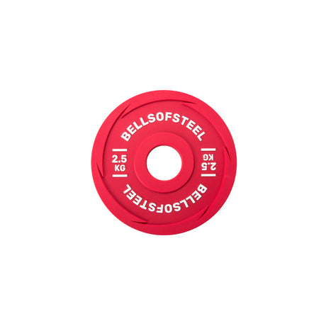 A 2.5 kg red Bells of Steel Urethane-Coated Change Plate, featuring "BELLSOFSTEEL" around the center and "2.5 KG" on the side, ideal for training, shown on a white background.