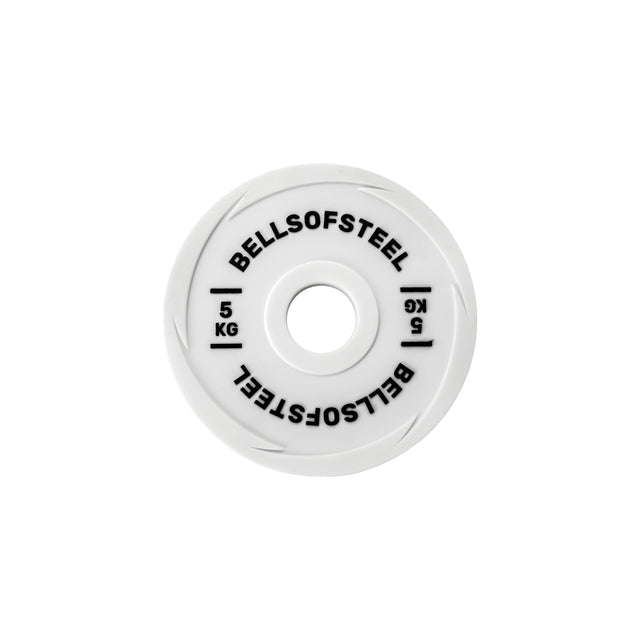 A white Urethane-Coated Change Plate by Bells of Steel featuring "BELLSOFSTEEL" in black twice around the center hole and "5 KG" on each side, ideal for precise training. Shown on a plain white background.