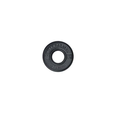A black circular weight plate with "Bells of Steel" embossed on it is designed to meet IPF specs and features a central hole for bar fitting. With "Est. 2010" on its surface, this Calibrated Powerlifting Plates - KG set is ideal for precise lifting sessions.