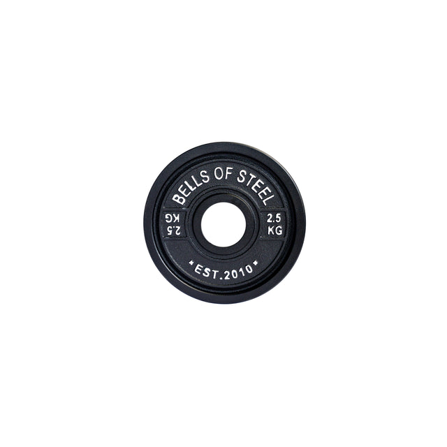 A circular, color-coded 2.5 kg Calibrated Powerlifting Plate from Bells of Steel features "Bells of Steel" and "Est. 2010" engraved in white on black, with a central hole for standard barbell diameters.