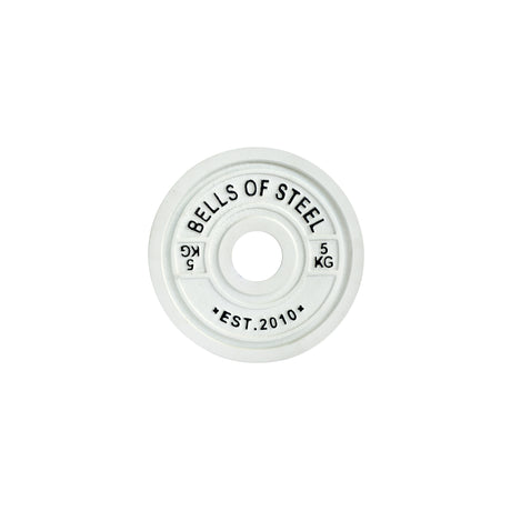 A Bells of Steel white Calibrated Powerlifting Plate displays "BELLS OF STEEL" and "5 KG" in black, meeting IPF specifications. The plate includes "EST. 2010" at the bottom, with a center hole for barbells, perfect for powerlifting.