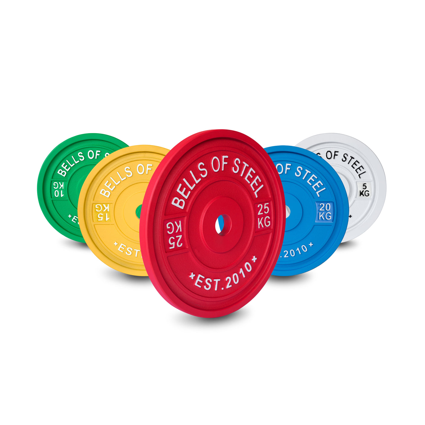 Five Bells of Steel Calibrated Powerlifting Plates—green, yellow, red, blue, and white—stand upright against a white background. Each color-coded plate adheres to IPF specs and features "BELLS OF STEEL" along with different weights and logos.