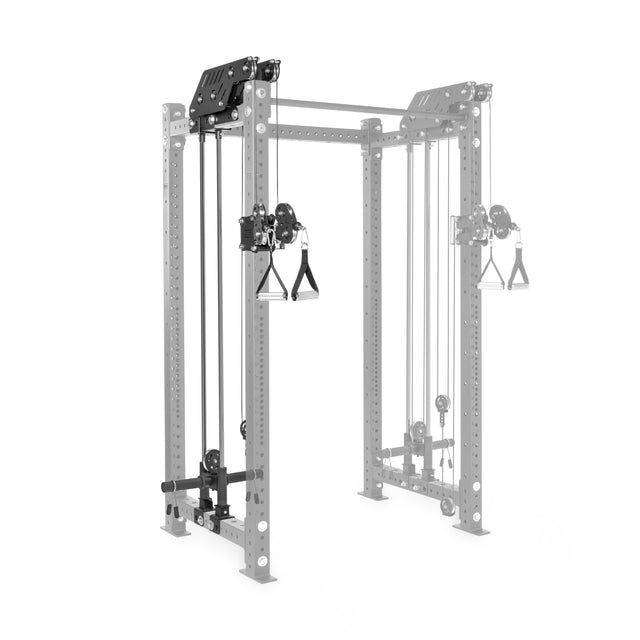 The Kraken Rack Attachment by Bells of Steel is a sleek, silver compact cable system with multiple pulleys and adjustable handles. Built for 4 Post Hydra & Manticore Racks, its sturdy metal frames offer hole adjustments for customization, depicted against a plain white background.