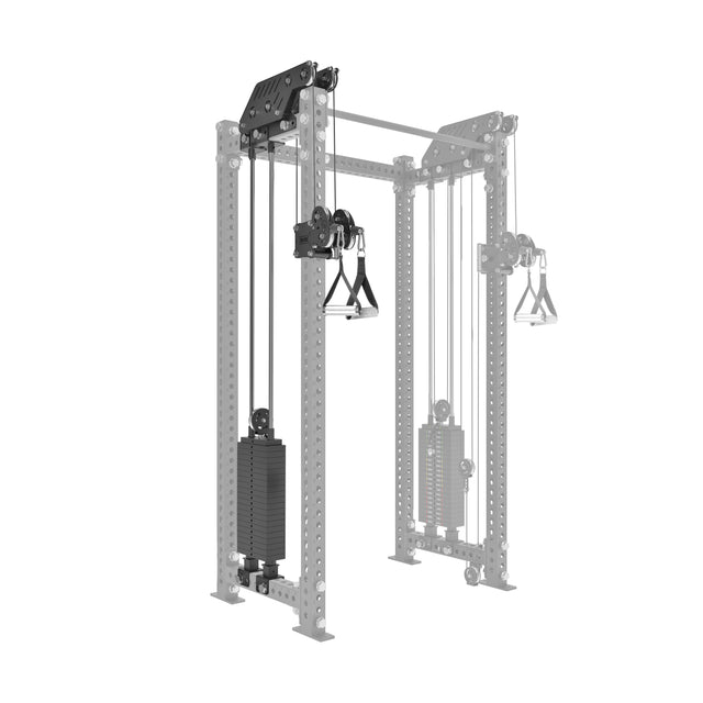 A diagram showcases the sleek design of Bells of Steel’s Kraken Rack Attachment for 4 Post Hydra & Manticore Racks, with a black-highlighted weight stack and transparent grey surroundings, connected by handles to pulleys above.