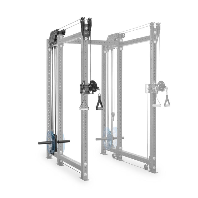 The image shows the Bells of Steel Kraken Rack Attachment for 6 Post Hydra Racks (Single Side) with adjustable pulleys and dual handles, ideal for strength training. Its robust frame features multiple adjustment holes similar to a 3” x 3” power rack, set against a plain white background.