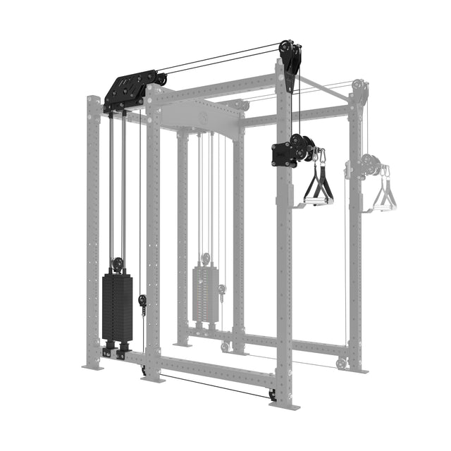 Explore the Kraken Rack Attachment for 6 Post Hydra Racks by Bells of Steel, a compact cable system with CAD illustration showcasing pulleys, weight stacks, and dual-handle cable tower attachments within a light framework.