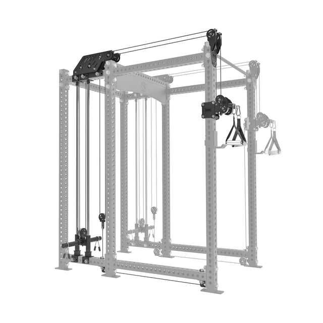Illustration of a compact cable system, the Kraken Rack Attachment by Bells of Steel, integrated into a 6 Post Manticore Rack. It features multiple pulleys, adjustable cables, and dual handles for diverse strength training exercises with attachments in a light gray outline.