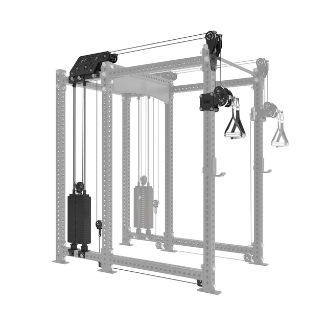 The Kraken Rack Attachment for 6 Post Manticore Racks by Bells of Steel offers a compact, adjustable weight system with dual handles, ideal for strength training exercises like tricep pushdowns and lateral pull-downs, featuring a metallic frame with visible pulleys and weight stacks.