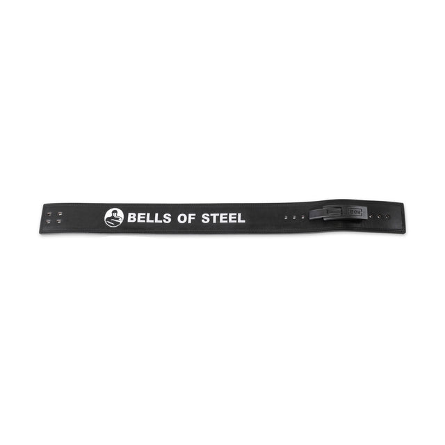 The Bells of Steel Lever Belt is a black powerlifting belt featuring a buckle, "BELLS OF STEEL" printed in white, and a kettlebell logo. The belt is displayed flat on a white background.