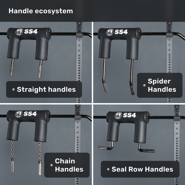 The Bells of Steel Safety Squat Bar - The SS4 features four handle types—straight, spider (angled), chain, and seal row with hooks—for versatile leg day workouts and barbell squat variations.
