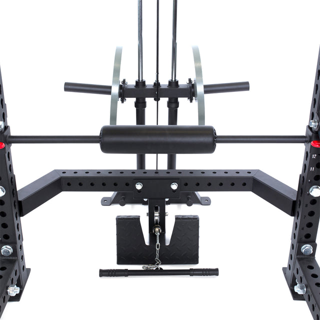 Experience the versatile Bells of Steel Lat Pulldown & Low Row Rack Attachment - Hydra & Manticore. This gym machine features rectangular metal structures, padded bars, adjustable weights, and a chain with handles, perfect for strength training exercises with Olympic weight plates.