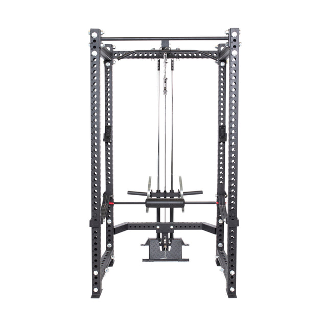 The Bells of Steel Lat Pulldown & Low Row Rack Attachment - Hydra & Manticore is a black, heavy-duty rack featuring adjustable barbell holders and compatibility with Olympic weight plates for customizable strength training workouts and cable exercises.