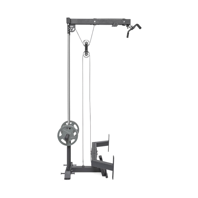 The Bells of Steel Lat Pulldown & Low Row Rack Attachment for Hydra & Manticore includes adjustable pulleys, Olympic weight plates, and handle attachments with a stable platform, making it ideal for various upper body exercises.