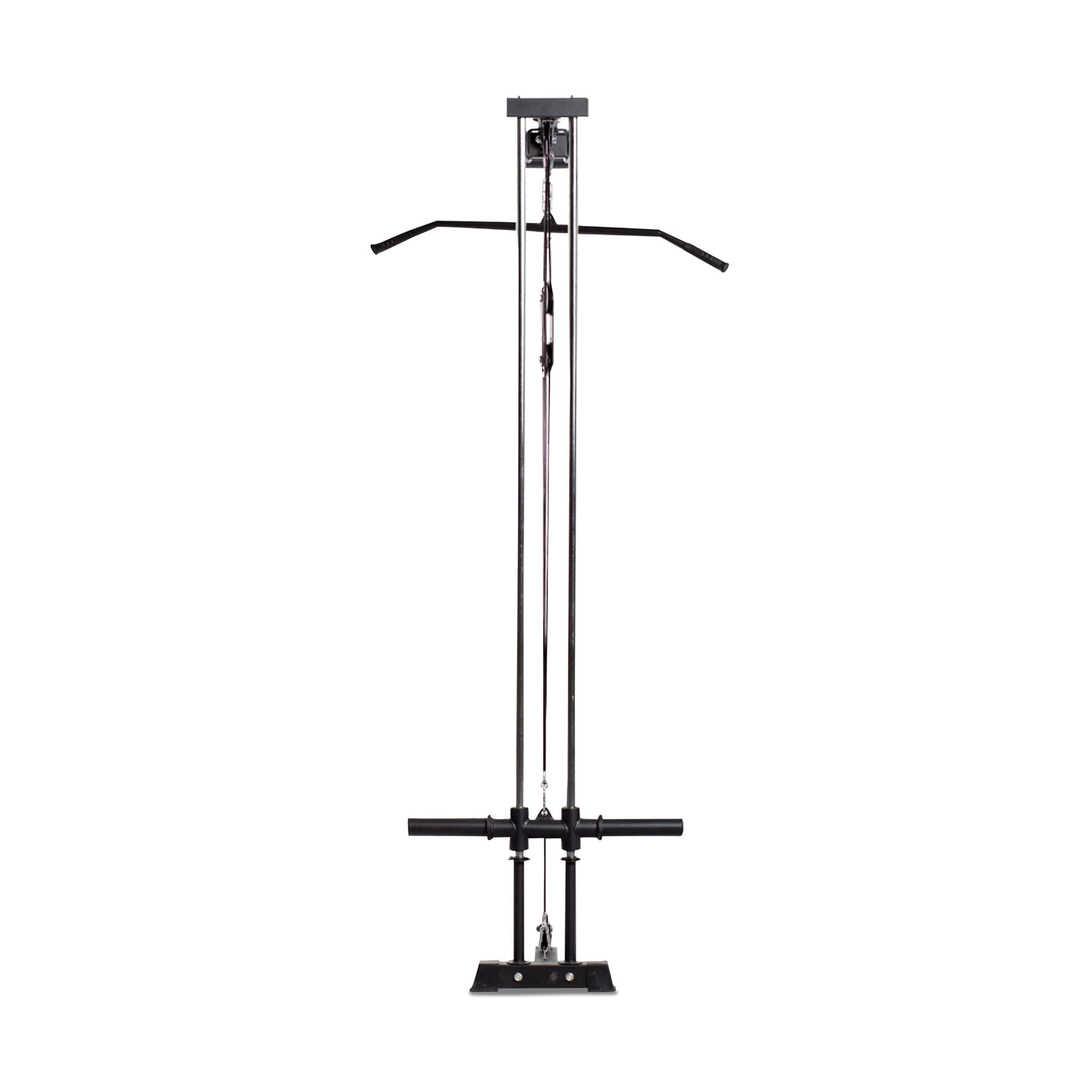 The Rack Lat Pulldown / Row Attachment by Bells of Steel is a sleek exercise machine designed for upper body workouts, featuring two adjustable cables with long handles and a straight bar. The black equipment, suitable for light commercial or residential use, stands on a white background.