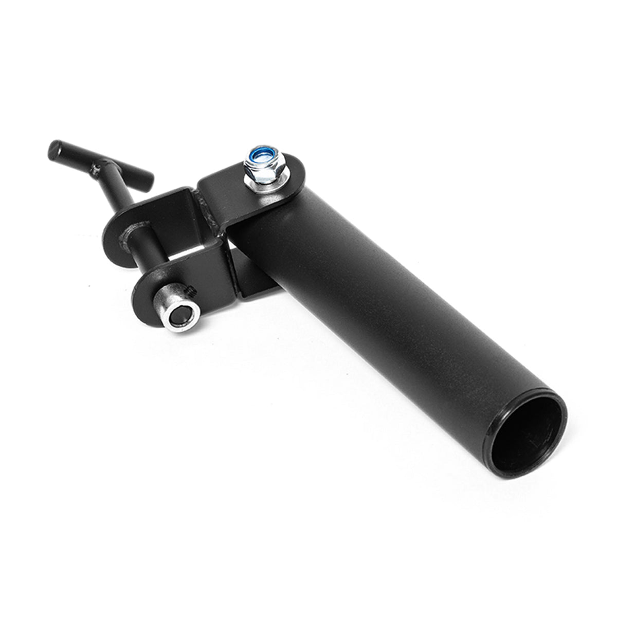 Black metal Bells of Steel Landmine Rack Attachment for a squat rack with a pivoting sleeve and mounting pin, designed for Olympic barbell strength workouts.