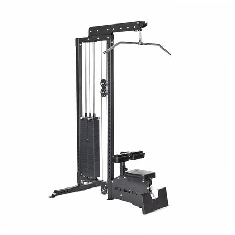 The Bells of Steel Lat Pulldown Low Row Machine is ideal for home gyms, featuring a pulley system for lat pulldowns and low rows, a padded seat, sturdy metal frame, adjustable weight stack, and cable-connected handlebars for effective resistance training.