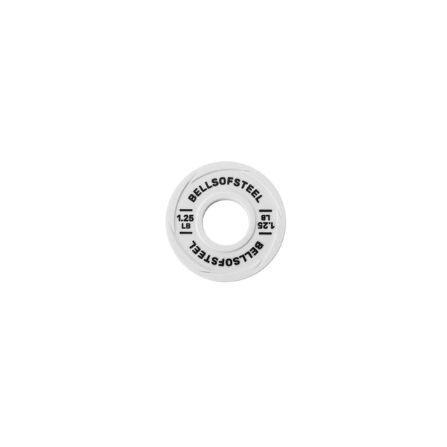 A durable, white round Urethane-Coated Change Plate by Bells of Steel is shown from above on a plain white background, featuring "1.25 LB" printed twice near the center hole.