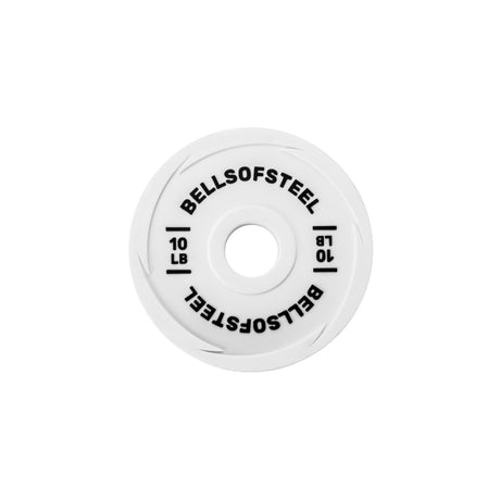 A durable white 10 lb Urethane-Coated Change Plate by Bells of Steel, featuring the brand name twice around the center hole, is shown on a plain white background—ideal for upgrading your training plates collection.