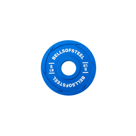 A blue Bells of Steel Urethane-Coated Change Plate (5 LB) is shown on a white background. This durable training plate features a central hole for easy barbell fitting.