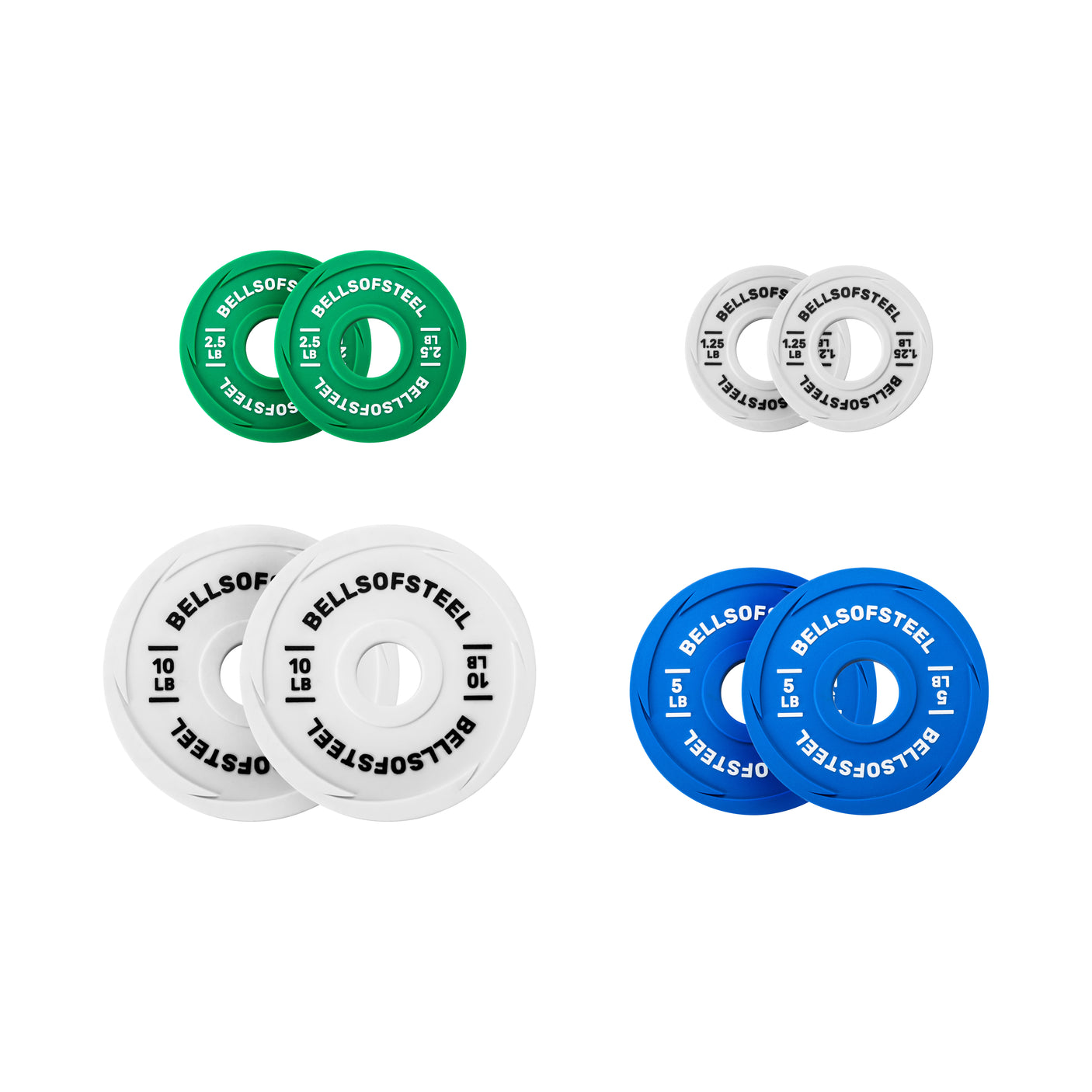 Four pairs of round Urethane-Coated Change Plate Sets by Bells of Steel, in green, white, grey, and blue—each with the brand and weight—are displayed on a plain white background, highlighting their durability.