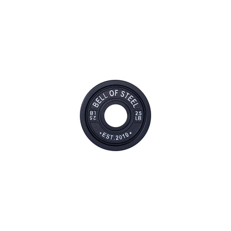 A black 2.5 LB Bells of Steel Calibrated Powerlifting Plate with "BELL OF STEEL" and "EST. 2010" is displayed on a white background. It features a central hole for easy barbell mounting, perfect for powerlifting precision.