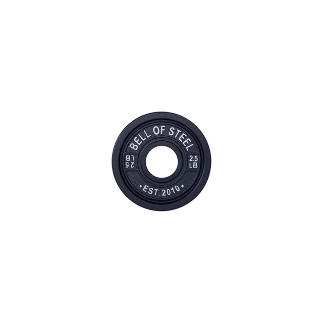 A black 2.5 LB Bells of Steel Calibrated Powerlifting Plate with "BELL OF STEEL" and "EST. 2010" is displayed on a white background. It features a central hole for easy barbell mounting, perfect for powerlifting precision.