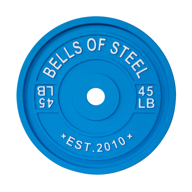 Blue calibrated powerlifting plate by Bells of Steel with "BELLS OF STEEL" and "EST. 2010" inscribed; prominently marked with a weight of 45 LB on both sides, making them perfect for consistent training performance.