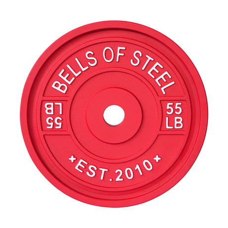 A red, color-coded weight plate with "Bells of Steel" and "EST. 2010" embossed in white, ideal as Calibrated Powerlifting Plates - LB. It has a central hole for barbell mounting and "55 LB" marked twice symmetrically along the edge.