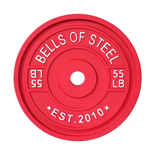 A red, color-coded weight plate with "Bells of Steel" and "EST. 2010" embossed in white, ideal as Calibrated Powerlifting Plates - LB. It has a central hole for barbell mounting and "55 LB" marked twice symmetrically along the edge.