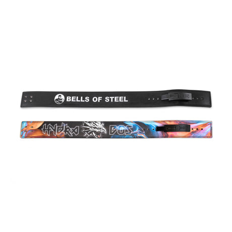 Two weightlifting belts are shown: the Bells of Steel Lever Belt in black, ideal for powerlifting, and another with a colorful abstract design and bold graphics. Both feature secure lever buckles.