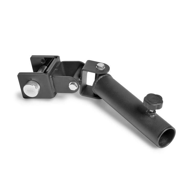 The Bells of Steel Landmine Rack Attachment is a black, adjustable metal bike repair stand with a clamp and swivel arm. Perfect for strength workouts with an Olympic barbell, it features a tightening knob and padded interior for stability while securing the bike frame.