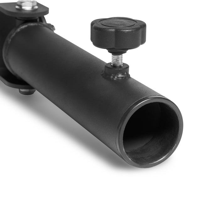 A close-up of the Bells of Steel Landmine Rack Attachment, a black cylindrical metal tube resembling an Olympic barbell, with a bolt and knob on top for adjustments. Its opening faces the camera against a pristine white background, perfect for strength workouts.