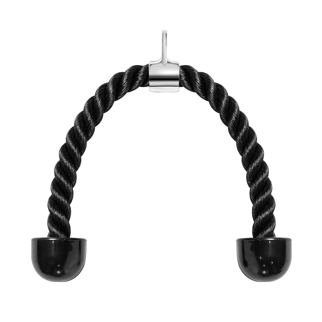 The Bells of Steel Tricep Rope Extension features a black twisted rope with rubberized ends and a central metal hook, perfect for tricep workouts and extensions, shown isolated on a white background.