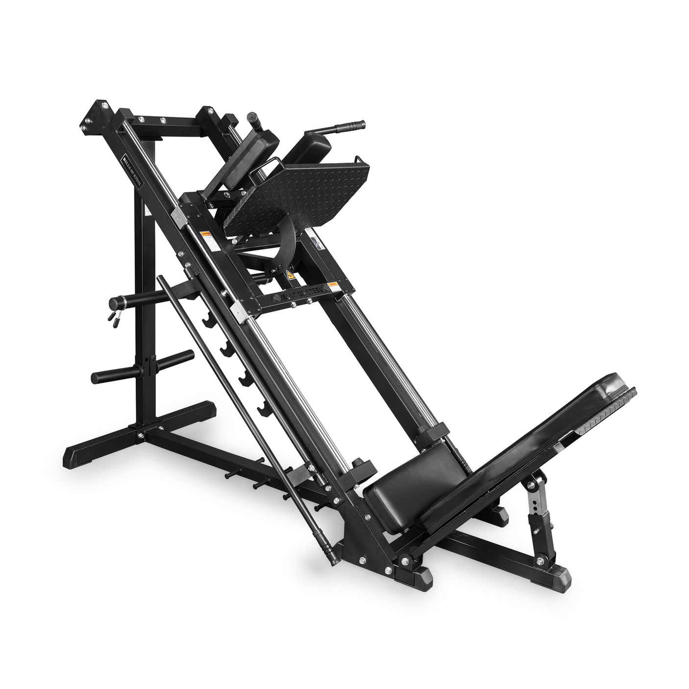 The Bells of Steel Leg Press Hack Squat Machine features padded seats, angled footplates, and a steel frame—ideal for strength training and lower body workouts in your home gym.