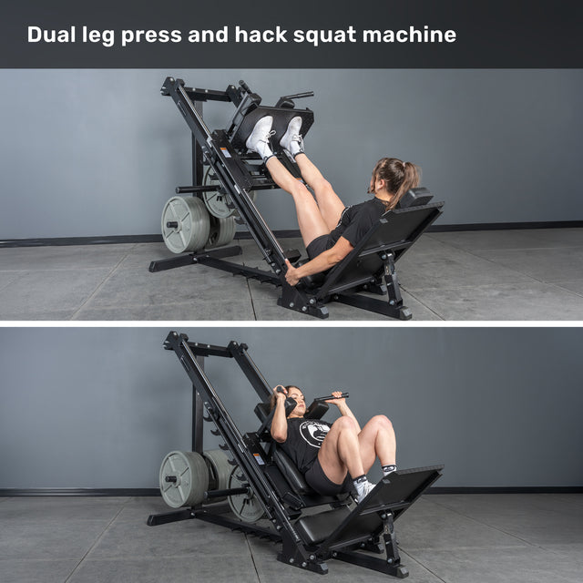 A woman demonstrates the Bells of Steel Leg Press Hack Squat Machine in a gym: performing a leg press in the top image and a hack squat in the bottom.