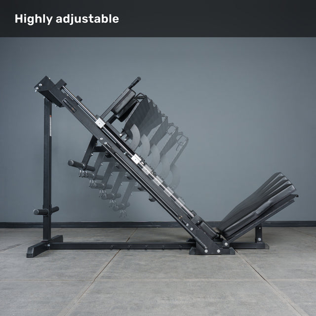 The Bells of Steel Leg Press Hack Squat Machine is displayed in several angled positions, showcasing its adjustable incline and decline range. Perfect for any home gym, with "Highly adjustable" text above against a plain gray wall and floor.
