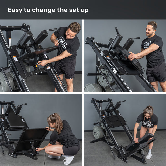 Two people from Bells of Steel demonstrate how to adjust the Leg Press Hack Squat Machine in four easy steps, showing the simple setup process against a plain gray wall and floor.