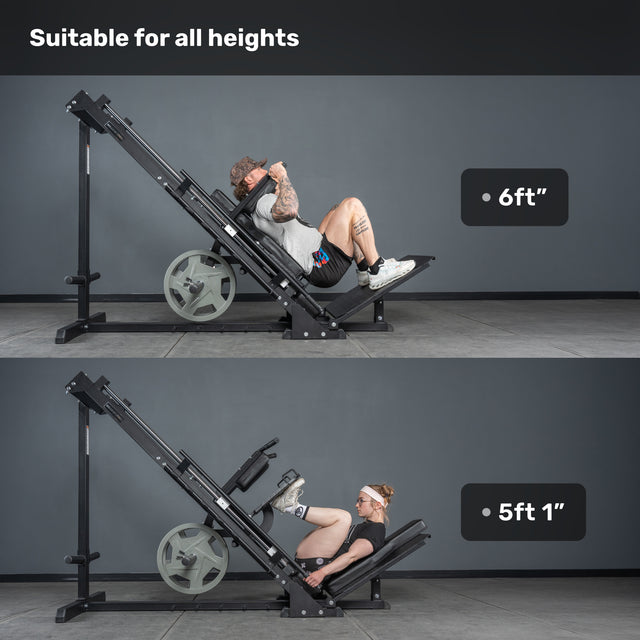 Two users, one 6 ft and one 5 ft 1 in tall, both use the Bells of Steel Leg Press Hack Squat Machine at the gym, showcasing its adjustable design for different user heights.
