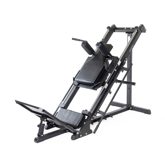 The Bells of Steel Leg Press Hack Squat Machine is a black 2-in-1 unit with a padded seat and footplate, ideal for weight training and lower body workouts—an excellent addition to any home gym.