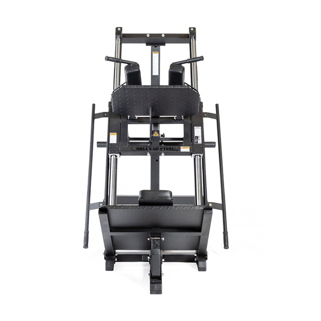 Front view of the Bells of Steel Leg Press Hack Squat Machine in black, featuring a padded seat, backrest, footplate, and metal handles. Perfect for lower body strength training in your home gym.