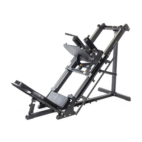The Bells of Steel Leg Press Hack Squat Machine, shown in black with an angled design, padded backrest, footplate, and handles for lower body workouts, is displayed against a plain white background.