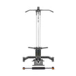 The Bells of Steel Lat Pulldown & Low Row Rack Attachment for Hydra & Manticore is a sleek, minimalist home gym machine. It includes a pulley system for cable exercises, adjustable weights, and multiple grips on a black and gray frame.